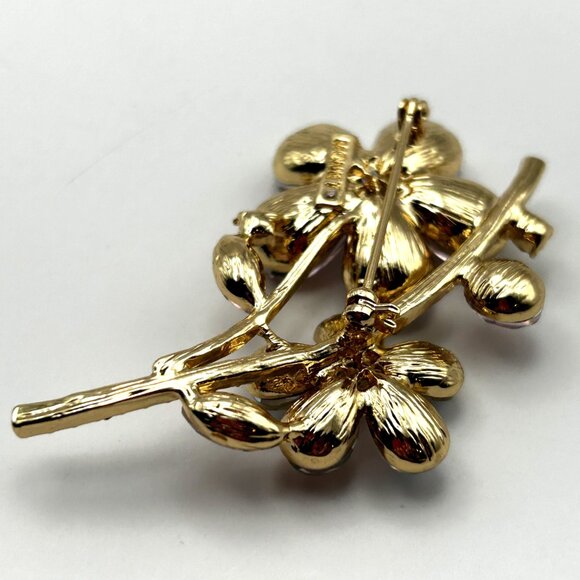Vintage Monet Floral Brooch Pink Aurora Borealis Rhinestone Gold Tone Pin 2.25” - Picture 6 of 13